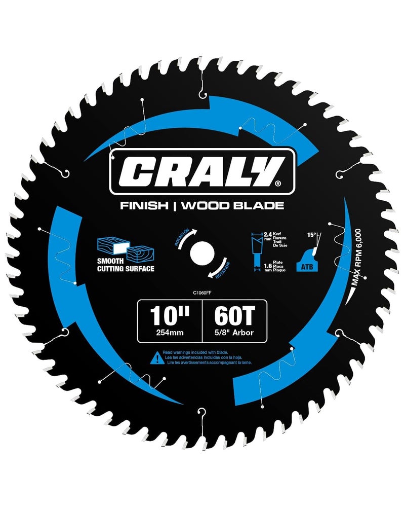 CRALY 10 Inch 60 Teeth Fine Finish Wood Cutting Circular Saw Blade, 5/8 Inch Arbor, Carbide Tipped, Thin Kerf, Black Ice Coating, for Wood Cutting Table Saw, Miter Saw(C1060FF) - Image 1